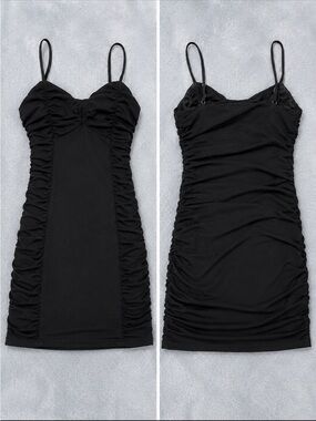 Black Ruched Spaghetti Strap Bodycon Dress